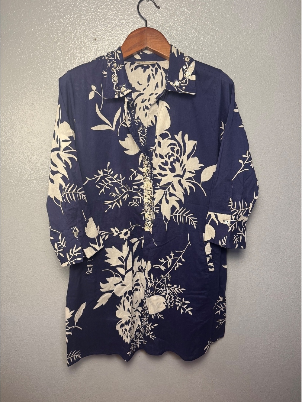 Soft Surroundings Navy Floral Embellished Cotton Tunic Beach Cover Up - Picture 2 of 11
